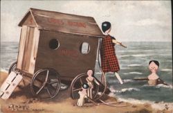 Ladies Bathing Machine with Wooden Figures, 'Is It Cold?' Postcard