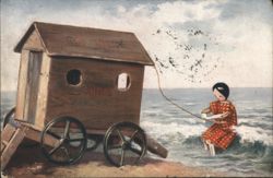 Comic Scene: Little Girl Pulling 'Ladies Bathing' Machine into Sea Postcard