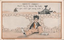 Safety First! Don't try to throw the bull, Charlie Chaplin-like character Postcard
