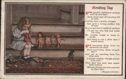 Little Girl Mending Doll's Dress, Mending Day Poem Postcard