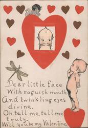Dear Little Face Will You Be My Valentine with Cherubs and Hearts Postcard