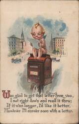 Cherub Reading Letter on US Mailbox with Cityscape Background Postcard