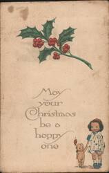 Christmas Greeting with Holly, Girl, and Baby with Candle Postcard