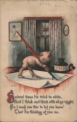 Cherub Writing Letter with Quill Pen, "Thinking of You" Poem Postcard