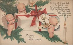 Kewpies with Christmas Present and Wreath, Good Luck Poem Postcard
