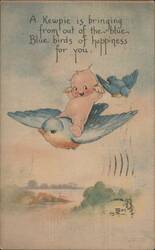 Kewpie Doll Riding Blue Bird of Happiness by Rose O'Neill Postcard