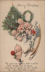 Kewpies with Christmas Tree and Rocking Horse Postcard