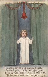 Young Girl Waiting for Santa Claus, Christmas Bell Postcard