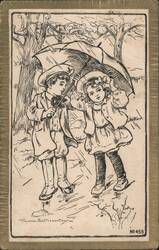 Children with Umbrella in Rain Postcard