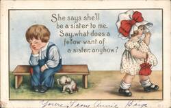 Boy and Girl with Dog, 'What does a fellow want of a sister?' Postcard