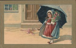 Girl with Umbrella, Roses, and Horseshoe for Good Luck Postcard