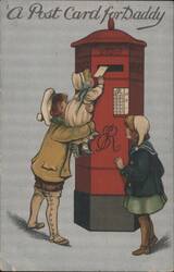 Children Mailing a Post Card for Daddy into a Red Post Box Postcard