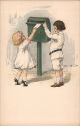 Children Mailing Letter in U.S. Mailbox Postcard