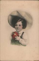 Young Child in Wide-Brimmed Hat Holding a Red Apple Postcard