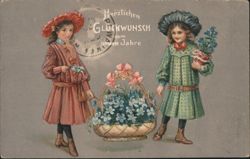 German New Year's Greeting with Girls in Hats and Basket of Flowers Postcard
