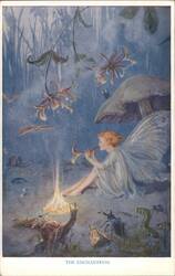 The Enchantress: Fairy Playing Horn by Fire with Woodland Creatures Postcard