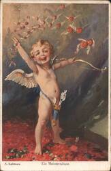 Cupid with Bow and Arrow, Flying Hearts and Cherries - Ein Meisterschuss Postcard
