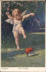 Amors Triumph: Cupid Stepping on Hearts with Arrow Postcard