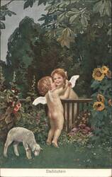 Cherubs Kissing in Garden with Lamb and Sunflowers Postcard