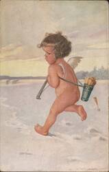 Cupid Running in Snow with Bow and Arrows, Amor auf Reisen Postcard