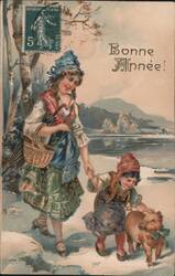 Bonne Année! Woman, Child, Pig in Snowy Landscape Postcard