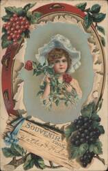 Young Girl in Hat with Roses, Souvenir from Hattie & Hila Postcard