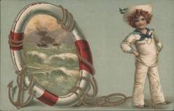 Boy Sailor with Lifebuoy, Stormy Sea, and Sinking Ship Postcard