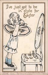Girl Trying on Hat in Mirror for Easter Style Postcard