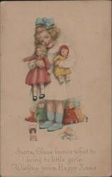 Little Girl with Dolls, Christmas Greeting Postcard