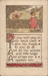 Children in Garden with 'If you will play in my back yard' Poem Postcard