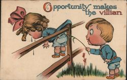 Opportunity Makes the Villian Comic Children on Fence Postcard