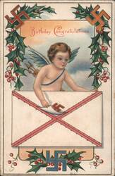 Birthday Congratulations Cherub with Swastika and Holly Postcard