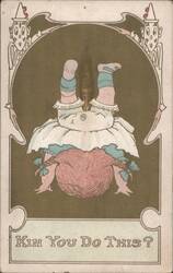 Comic Illustration of Child Standing on Head, 'Kin You Do This?' Postcard