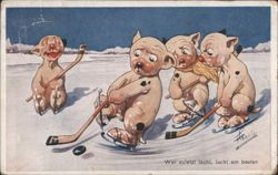 Comic Pig-like Creatures Playing Ice Hockey, 'Wer zuletzt lacht, lacht am besten' Postcard