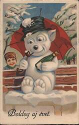 Happy New Year Bear in Top Hat with Champagne, Umbrella, and Boy Postcard