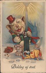 Cartoon Dog in Top Hat with Champagne & Clown, Happy New Year Postcard