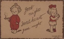 Good Night Sweetheart Children with Candle and Doll Postcard