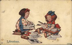 Literature: Two Girls Reading and Writing Postcard
