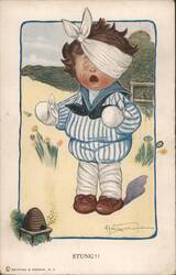 Crying Boy in Sailor Suit with Bandaged Head, Stung by Bees Postcard