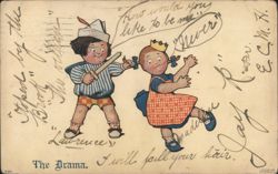The Drama: Boy with sword and girl with crown, 'How would you like to be me?' Postcard