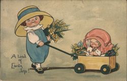 Girl Pulling Wagon with Baby, Bunny, and Flowers for Easter Postcard