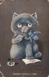 Fluffy Grey Cat in Glasses with Quill Pen, 'What Shall I Say' Postcard