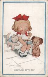 Little Girl with Cat, Dog, and Candy Box, 'Everybody Loves Me' Postcard