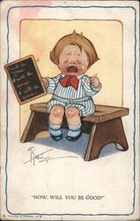 Crying Boy with Blackboard - "Now, Will You Be Good?" Postcard