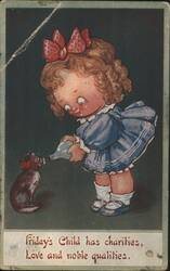 Friday's Child Feeding Cat, Kute Kiddies Series Postcard