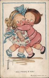 Cartoon Children Hugging, 'All I Want Is You' Postcard