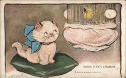 Kitten with Blue Bow Gazing at Bird in Cage, Music Hath Charms Postcard