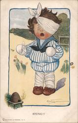 Crying Child with Bandaged Head Stung by Bee Postcard