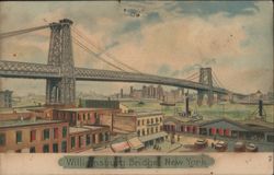 Williamsburg Bridge, New York with Boats and Waterfront Buildings Postcard