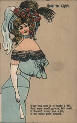 Fashionable Woman in Hat & Gown, Hold to Light Novelty, Tailor Unpaid Poem Postcard